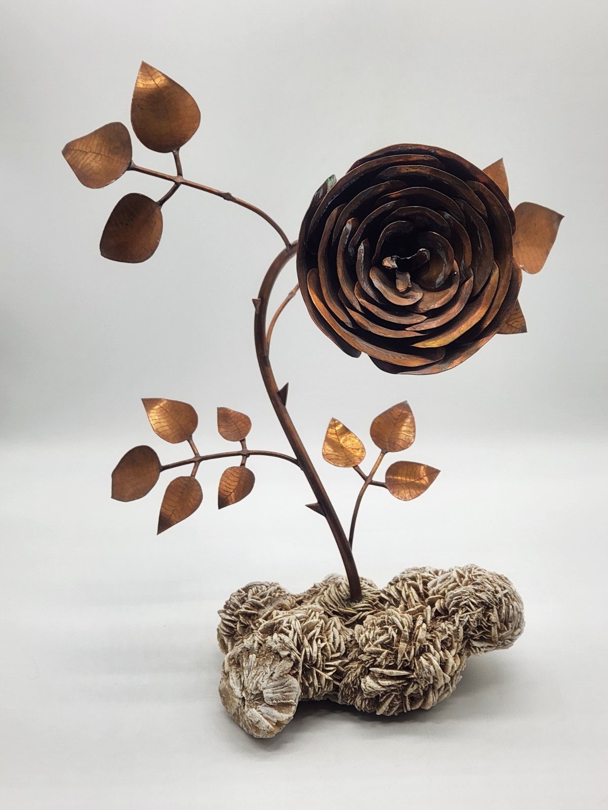 Copper Rose Sculpture w/Desert Sand Rose Crystal ~ 13" H x 10" L x9" W