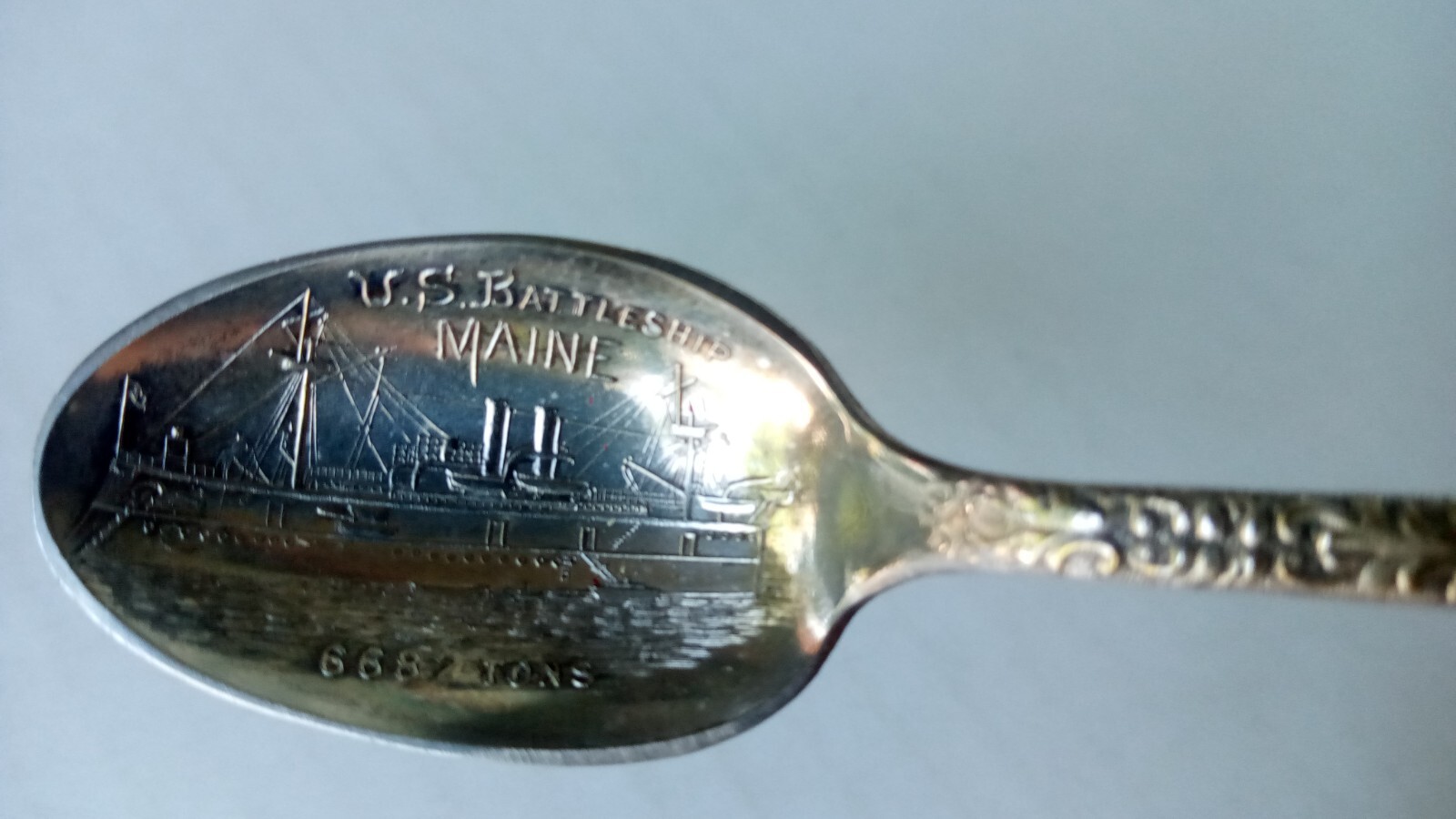 1890s US BATTLESHIP MAINE 6682 Tons Sheffield Silver Plate Souvenir Spoon