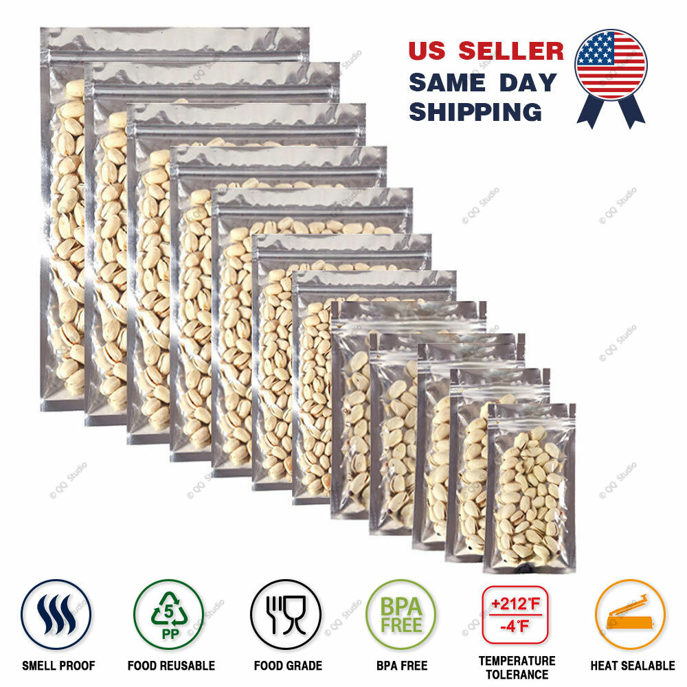 Assorted Sizes Glossy Mylar Foil Clear Front Silver Rear Zip Lock Pouch Bag M