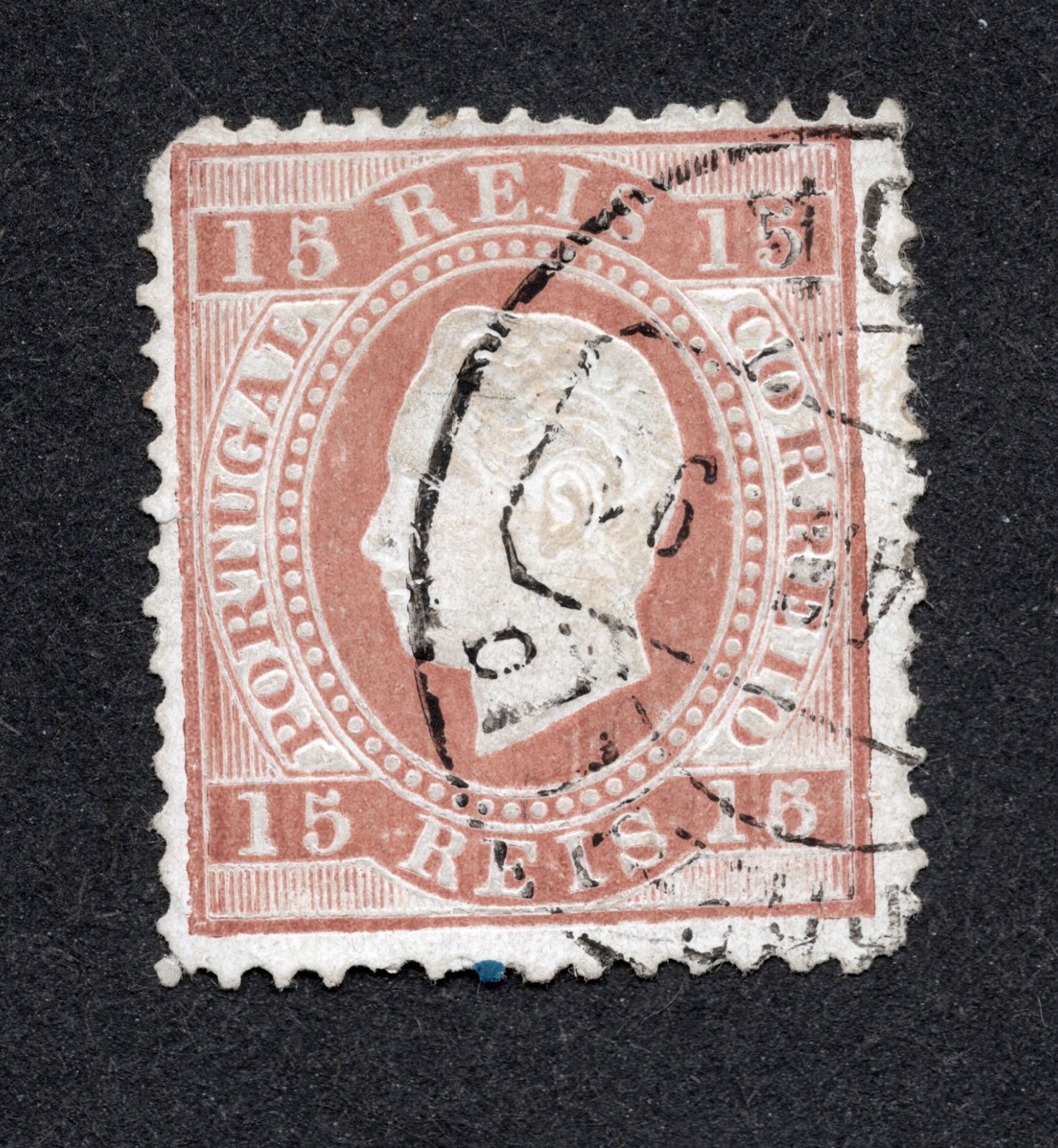 Portugal 1870-84 King Luiz 15 Reis Lilac Brn Used VLH Scott Cat# 38
