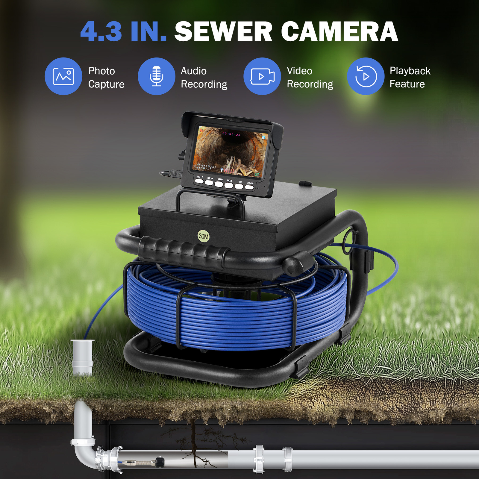 98ft/30m Sewer Camera HD Drain 4.3" LCD Monitor 1000 TVL Pipe Inspection Camera