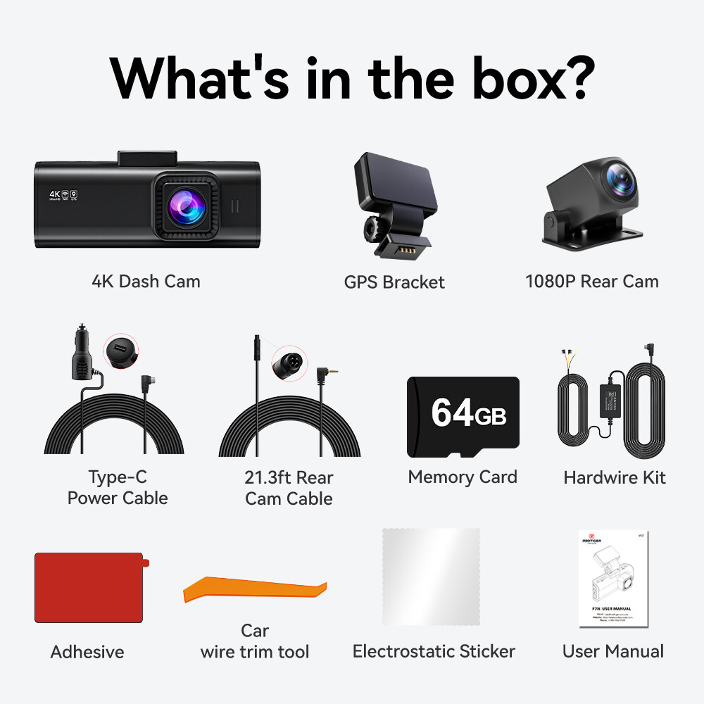 REDTIGER F7N Dash Cam Front and Rear Dash Cam 4K With 64GB Card and Hardwire Kit