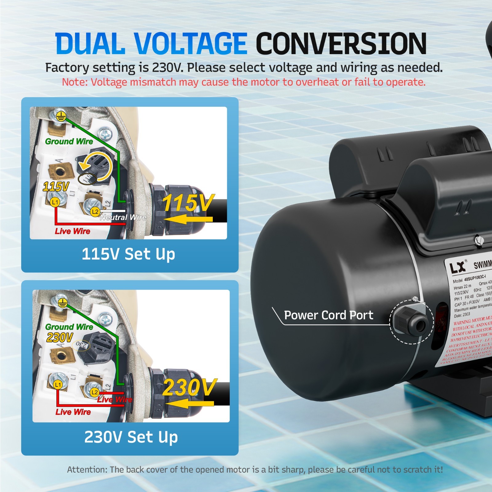 LINGXIAO 1HP Pool Pump Inground, 6022 GPH, 115/208-230V with 2/1.5" Fittings