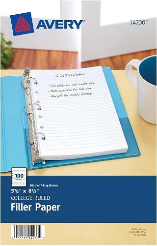 5.5x8.5in Mini Binder Filler Paper-3-Ring/7-Ring Binders CollegeRuled 100/PK