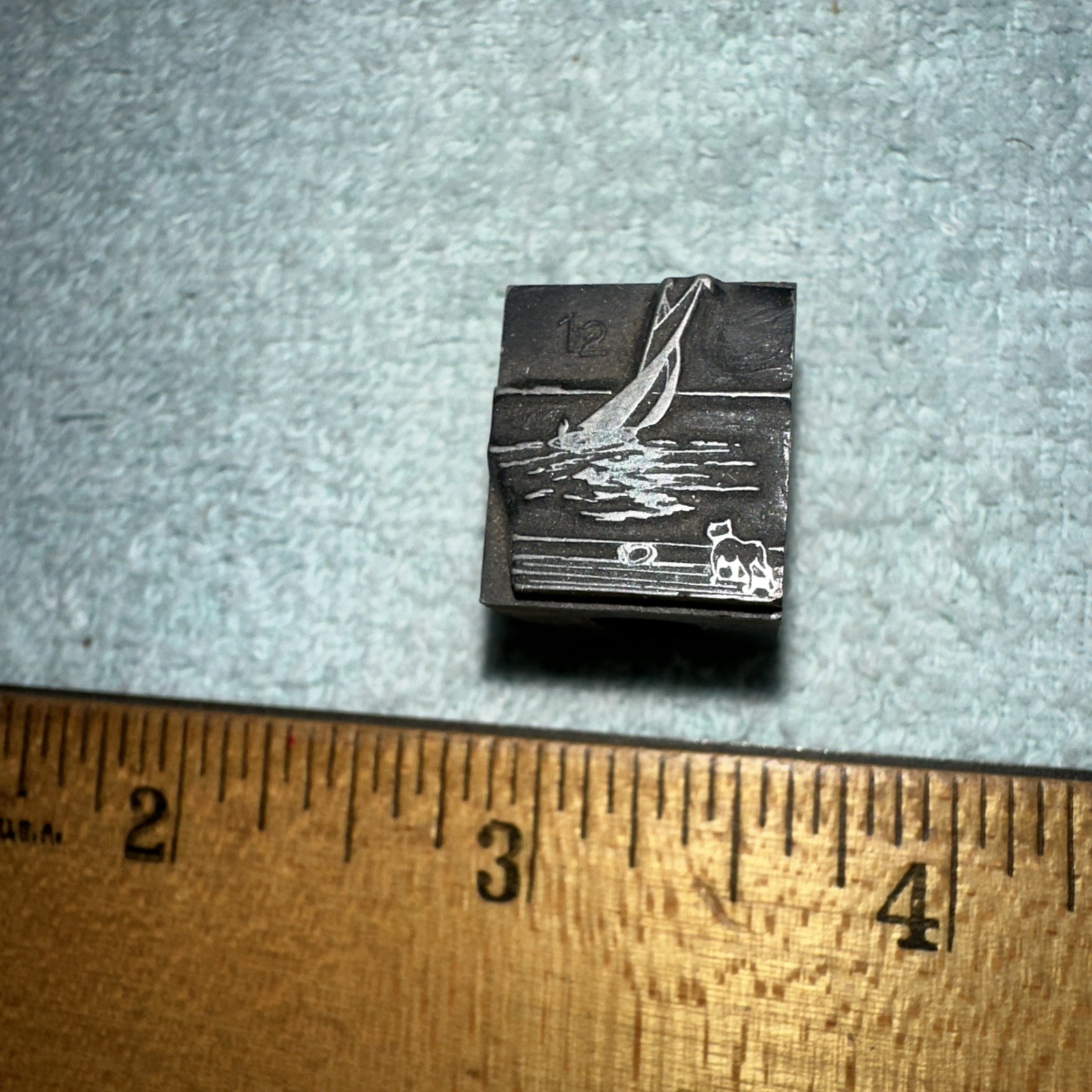 Printing Block “ Sail Boat, Dog on Shore “ Lead Block