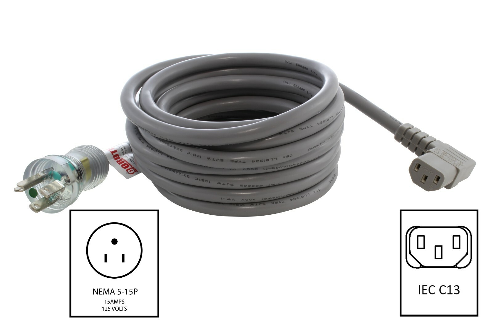 15ft 15A 14/3 Medical Grade Power Cord With Left Angle IEC C13 by AC WORKS®
