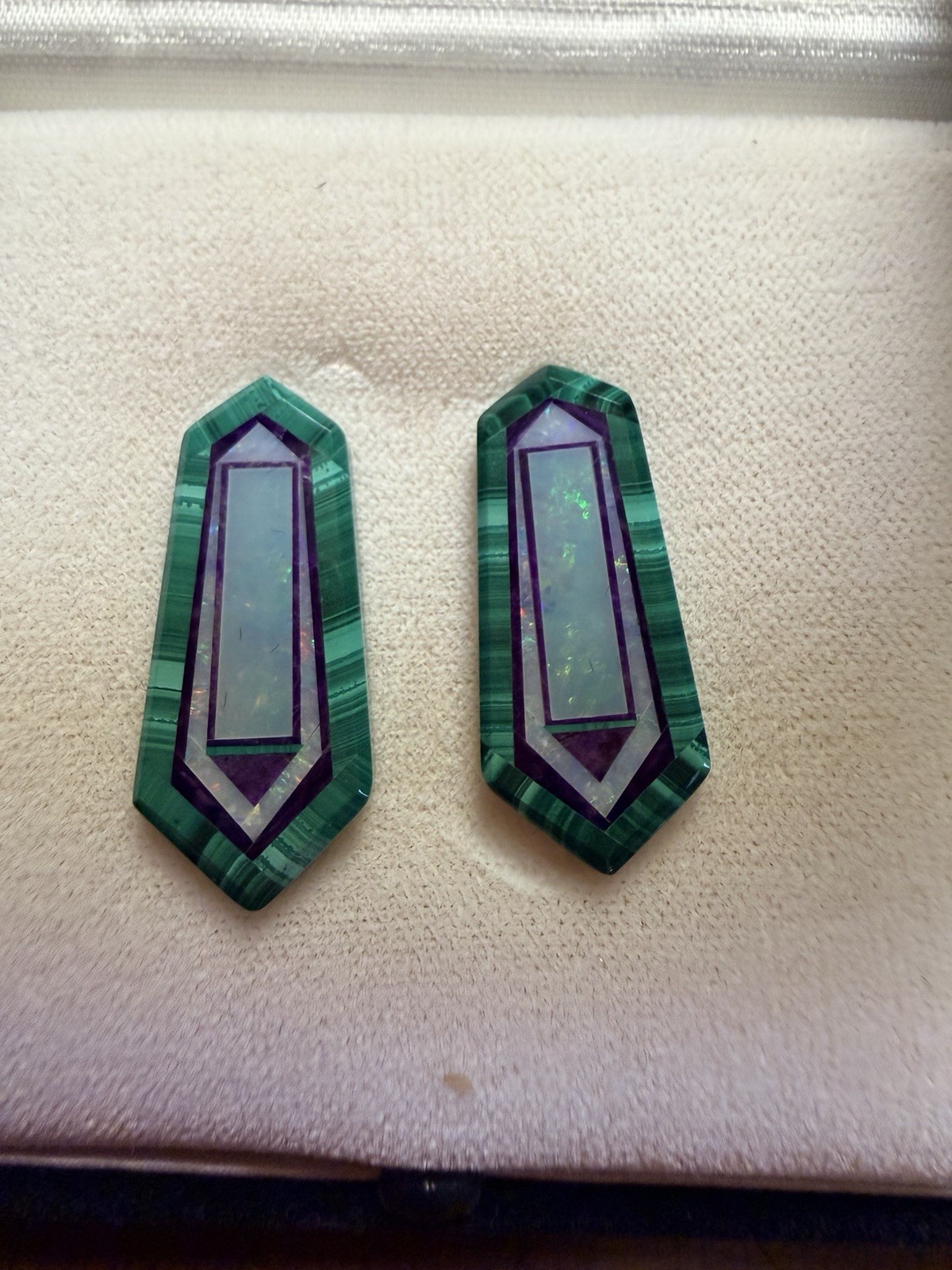 Jim Kaufmann Malachite Opal Sugilite Intarsia Pair 23.9ct Signed JK 8NO Beautifu