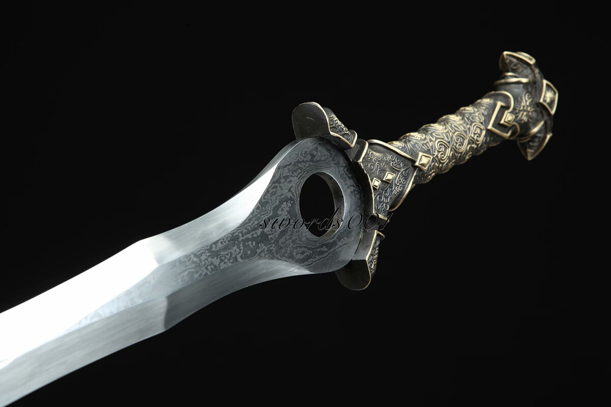 Handmade Brass Handle Short Divine Sword Damascus Steel Blade Leather Sheath