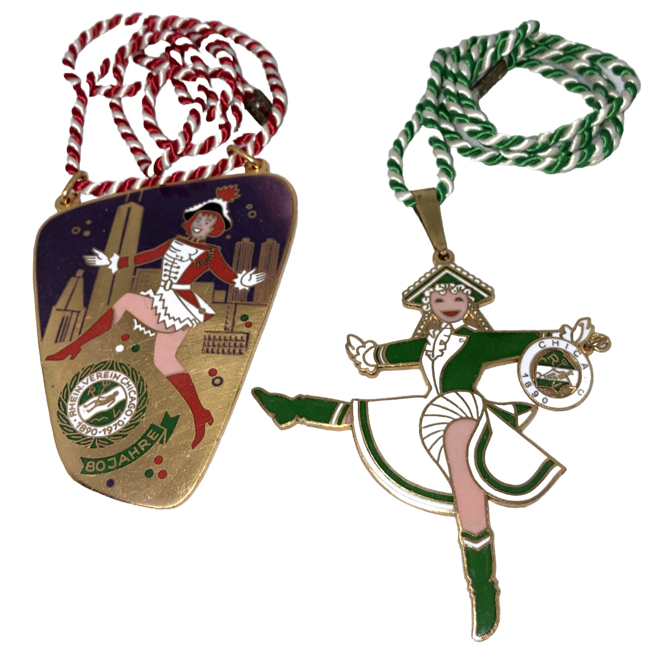 2 vintage Rhein Verein RV Chicago Karneval dancer 80 jahre metal order medal