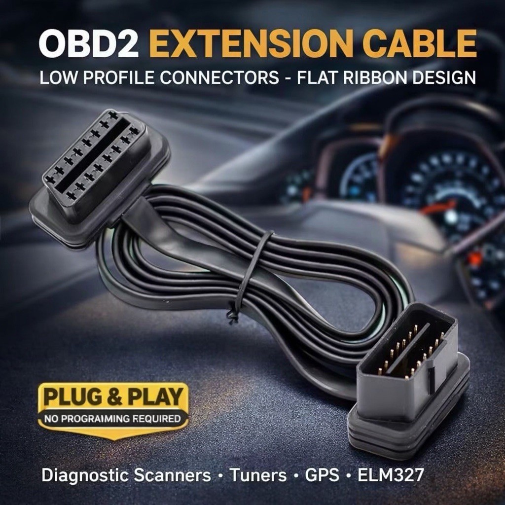 OBD2 16 Pin Male to Female Extension Cable Flat Ribbon Low Profile GPS Scanner
