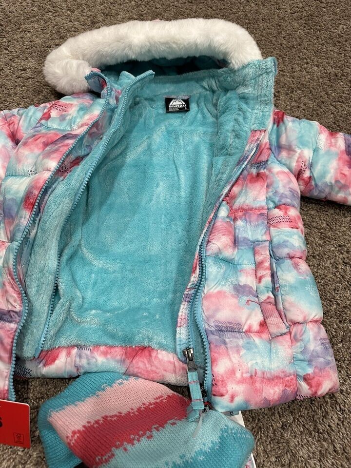 NEW Snozu Kids Girl's Puffer Jacket with Knitted Hat, Pastel Multicolor, Size 4T