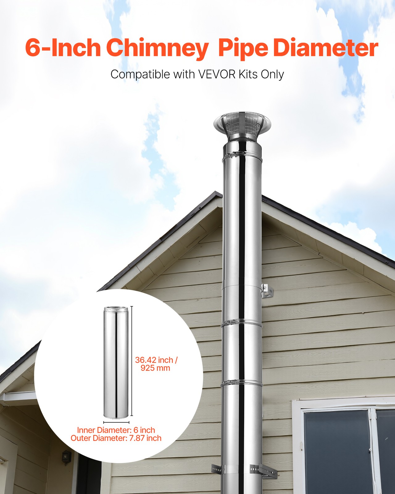 VEVOR 6 x 36 Inch Double Wall Insulated Chimney Pipe Stainless Steel Stove Pipe