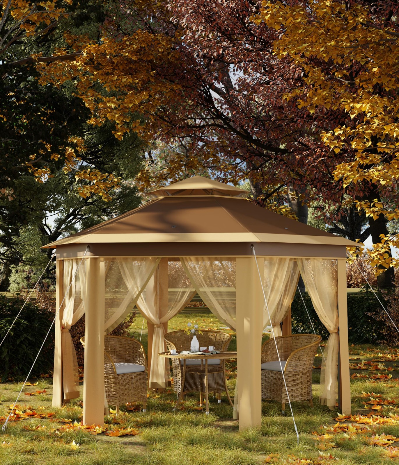 Strong Steel Frame Hexagonal Gazebo 13x13 ft Instant Pop Up with Mesh Netting