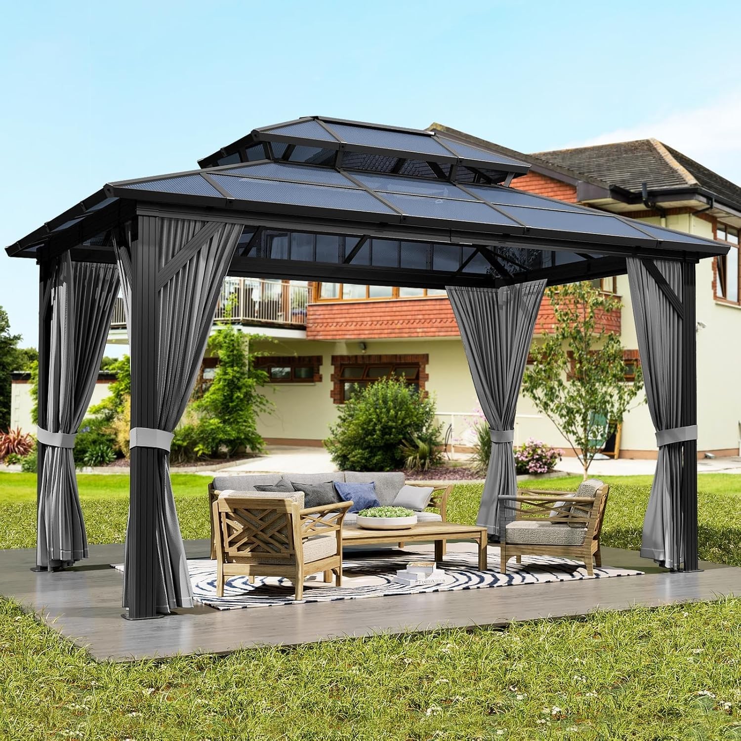 10x13 ft Outdoor Hardtop Gazebo Aluminum Frame Net Curtains Deck Lawn