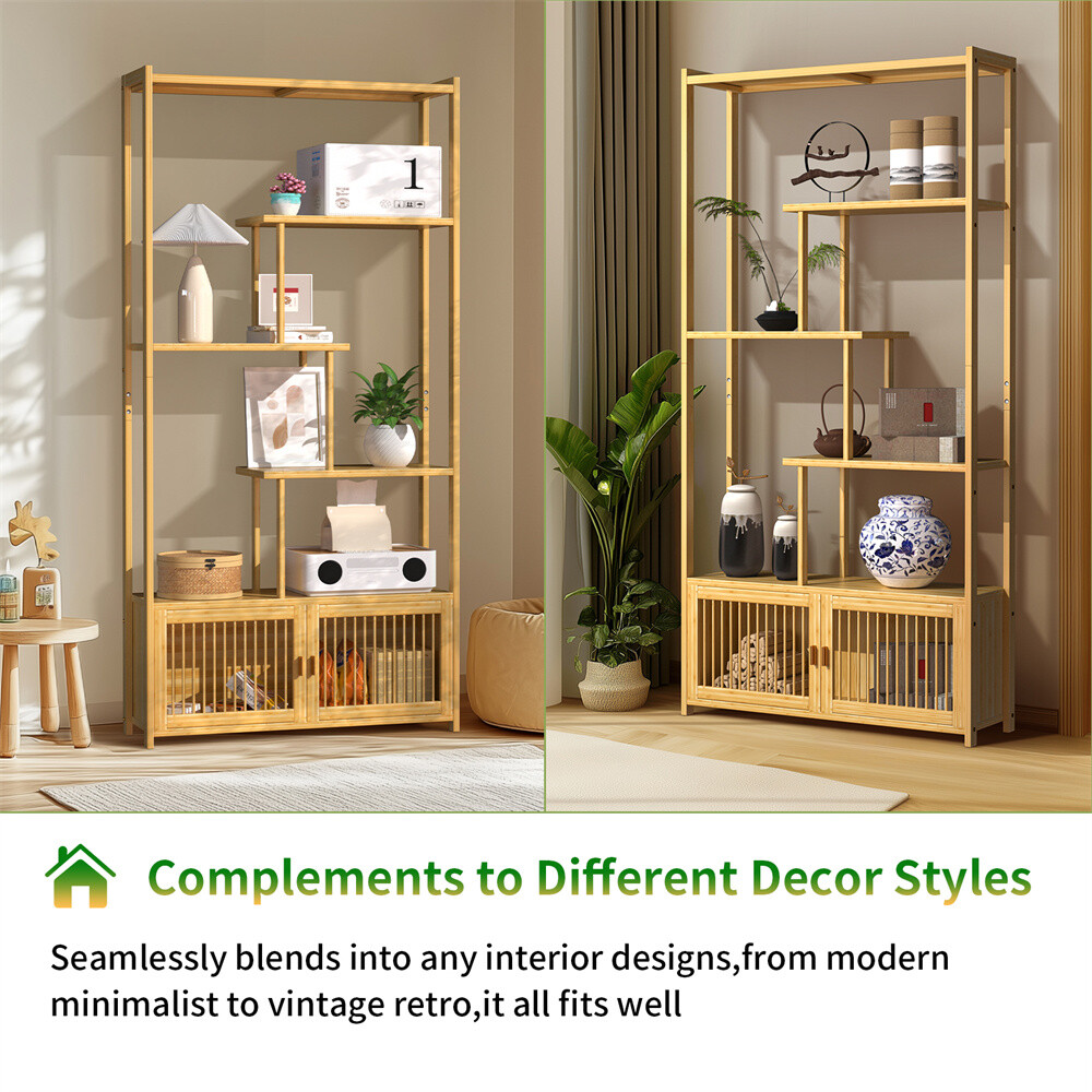 Bamboo 6-tier Storage Rack Blind Door Cabinet Staggered Shelf Etagere Bookcase