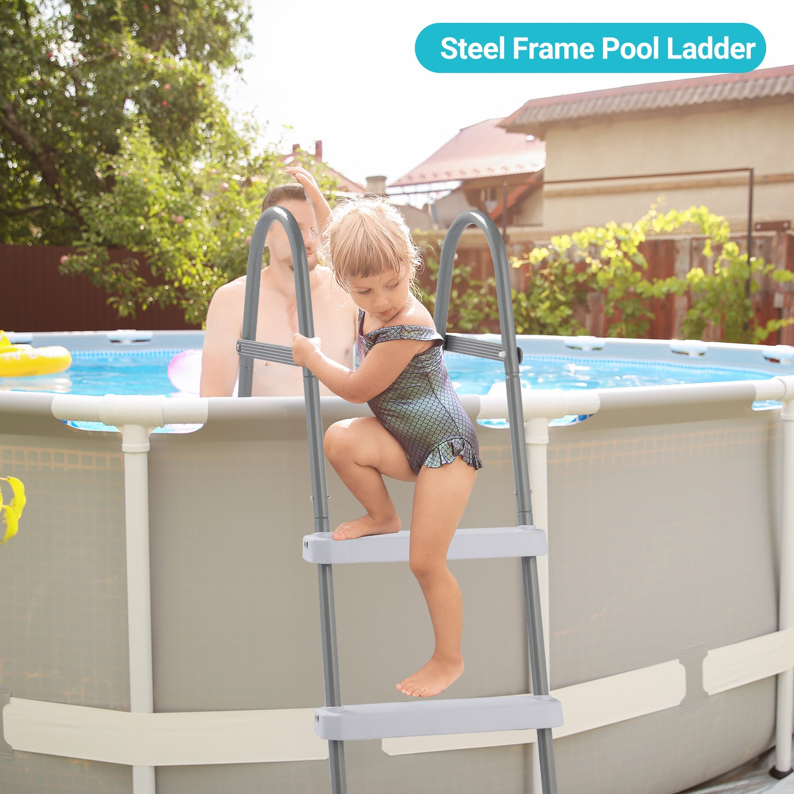 52" Swimming Pool 4 Steps Ladder, Coated Steel Frame Improve Stability Outdoor