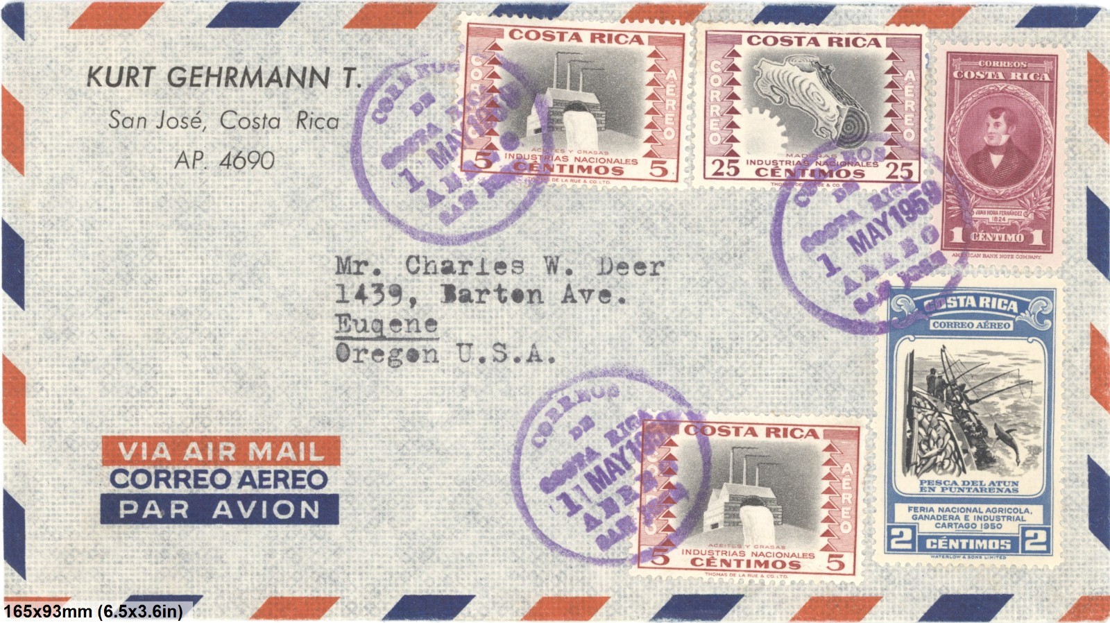 1959 Costa Rica Airmail Cover San Jose To USA Multi Stamp Franking