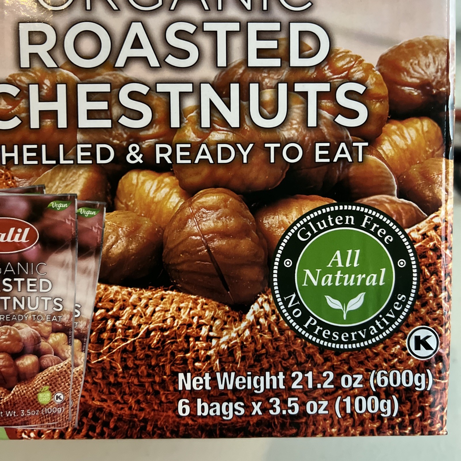 NEW GALIL ORGANIC CHESTNUTS ROASTED PEELED,SHELLED AND READY TO EAT 6 PACK 3.5oz