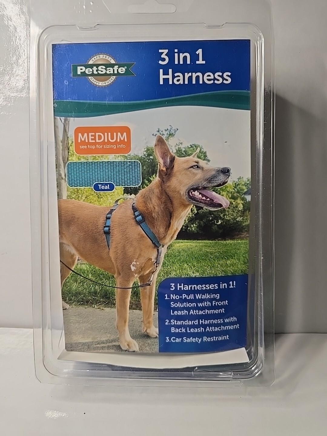 PetSafe 3 in 1 Dog Harness-MEDIUM-Teal-No Pull Design-Car Restraint-Reflective