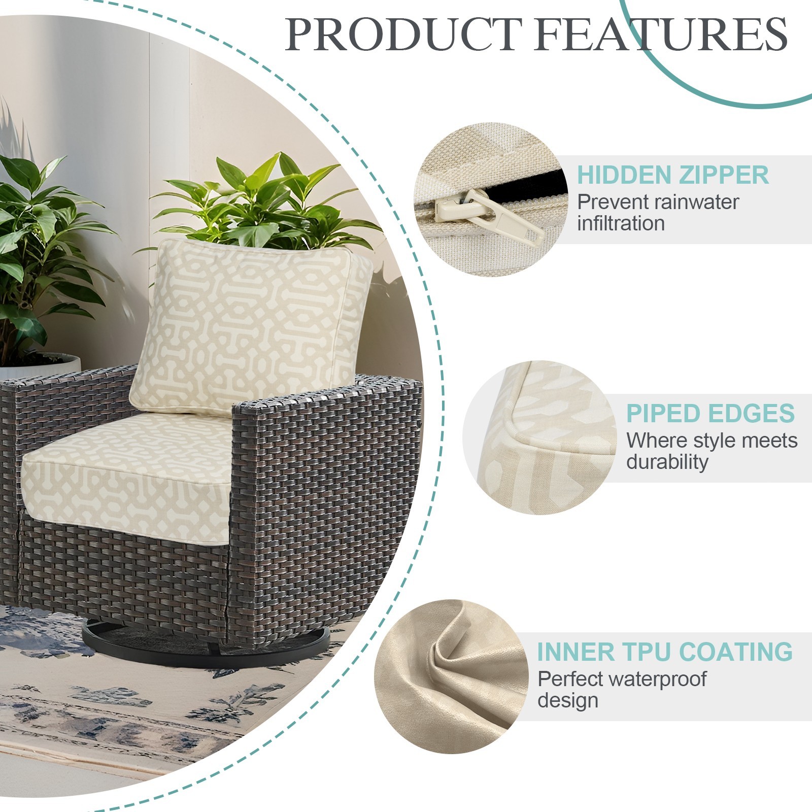 Sunbrella Fabric Outdoor Patio Deep Seat Cushions Set with Pocket Springs & Ties