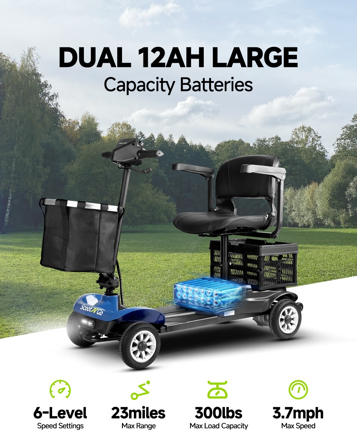 Mobility Scooters for Seniors Foldable with Dual Detachable Baskets 23 Miles