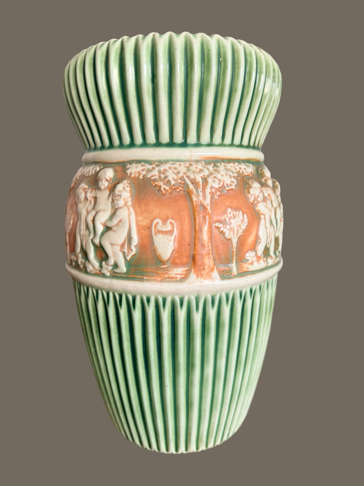 Large Antique Roseville Donatello Tall Vase Cherub Art Pottery Green 1916