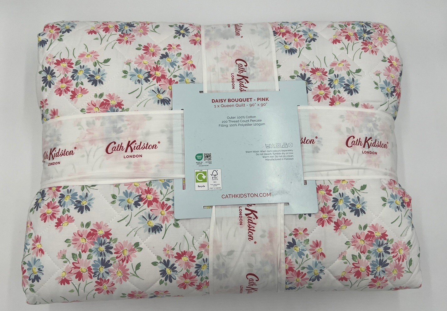 Cath Kidston Queen Quilt, Daisy Bouquet - Pink, 100% Cotton Percale, Floral