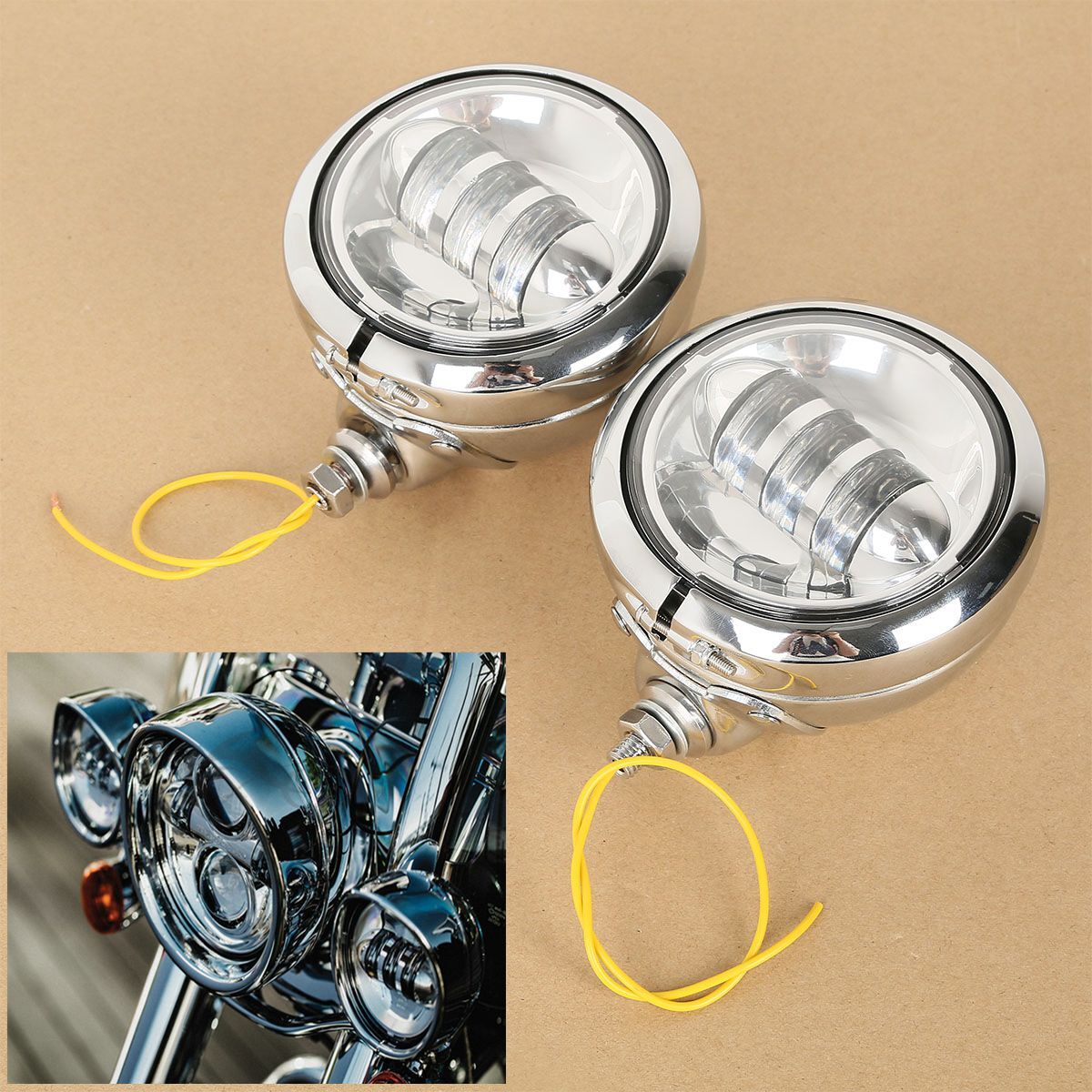Chrome 4-1/2" Auxiliary Fog Passing Lights & Housing Bucket For Harley Davidson