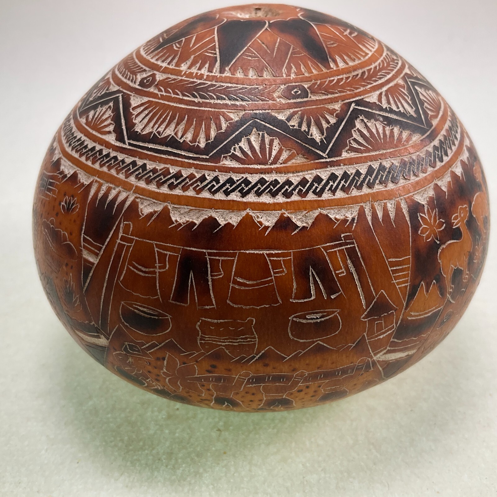 Peruvian Intricate Hand Carved Story Gourd - Musicians - Folk Art