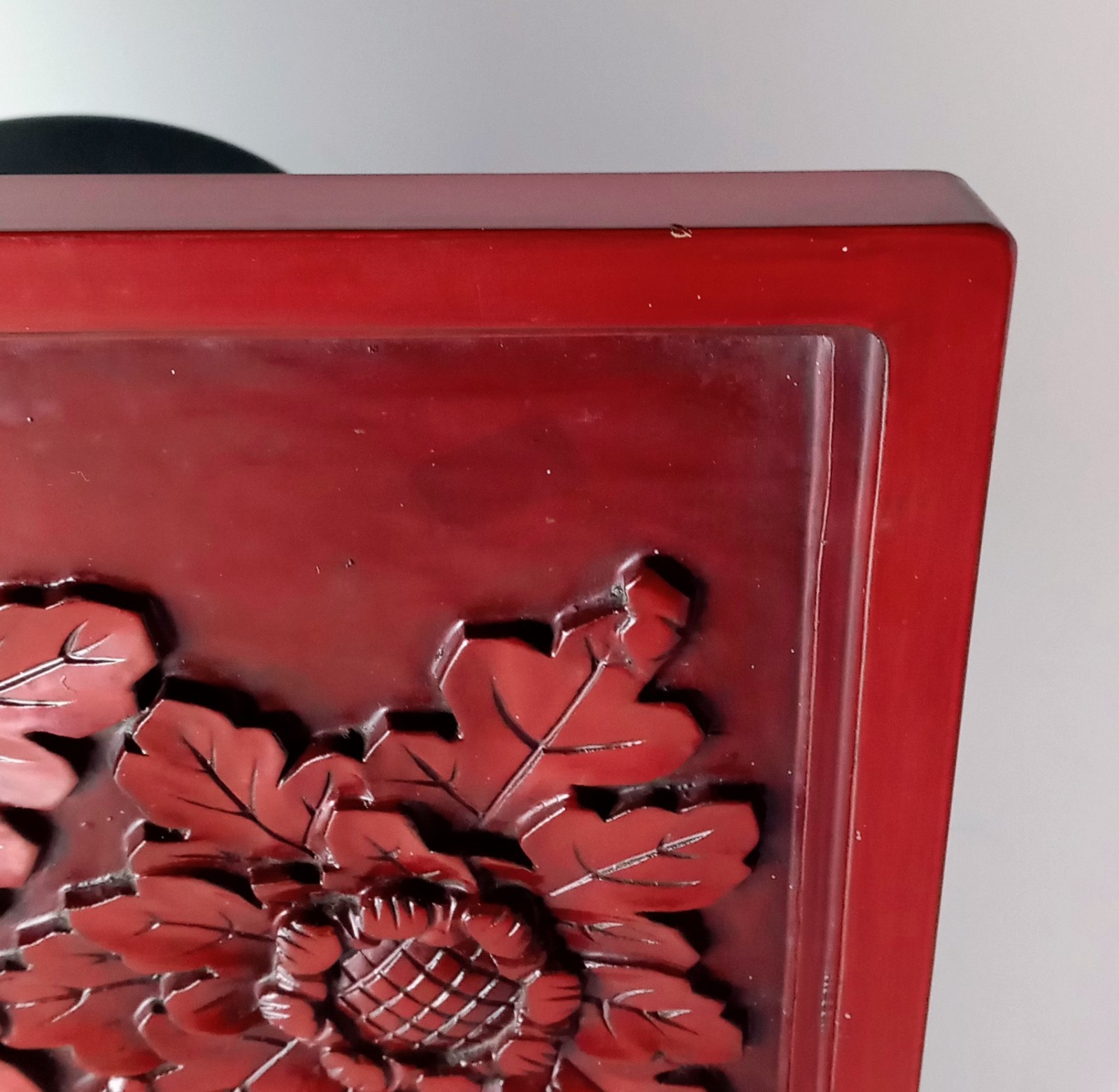 Japanese Kamakura-bori Lacquerware Carved Floral Wood Panel