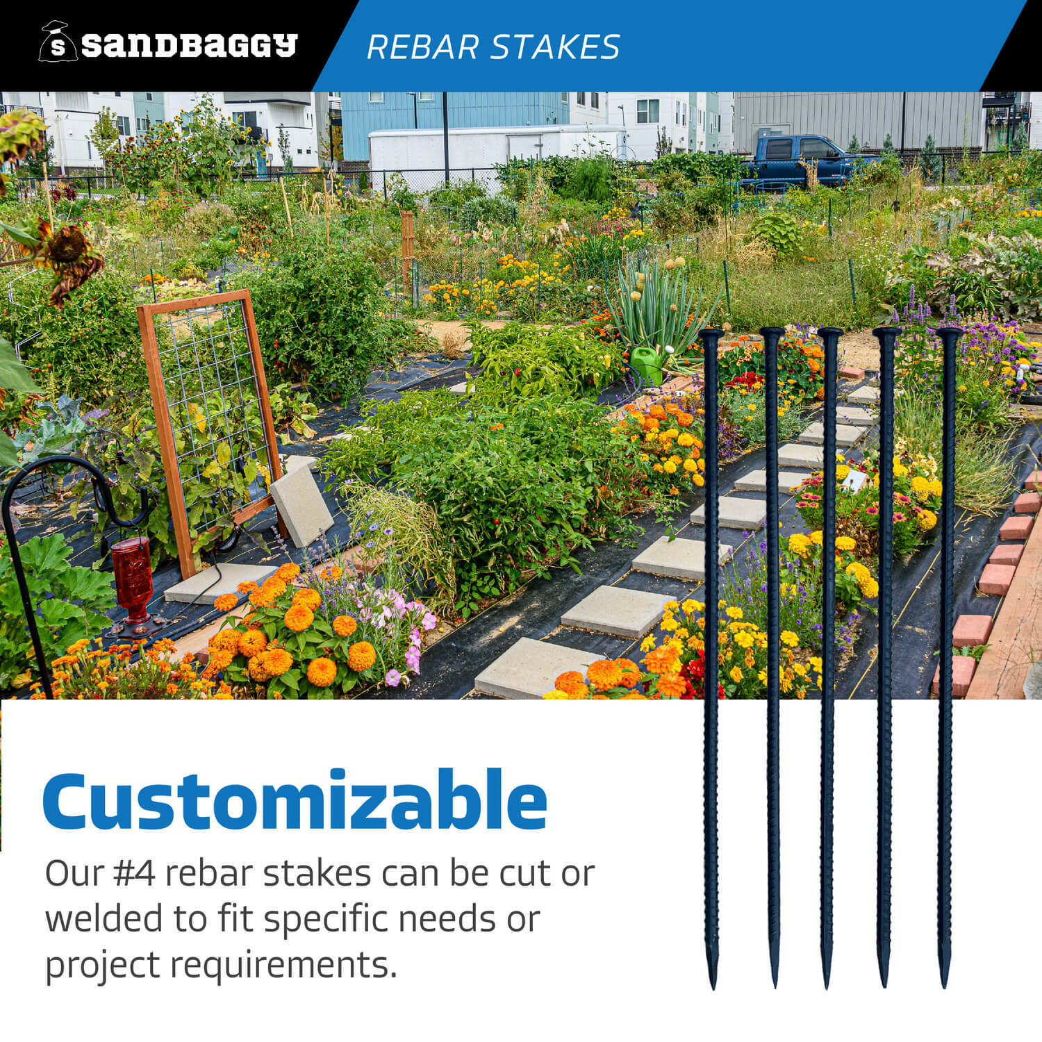 Sandbaggy 48" Steel Rebar Stakes with Nail Head - Garden Stakes (#4 Rebar)