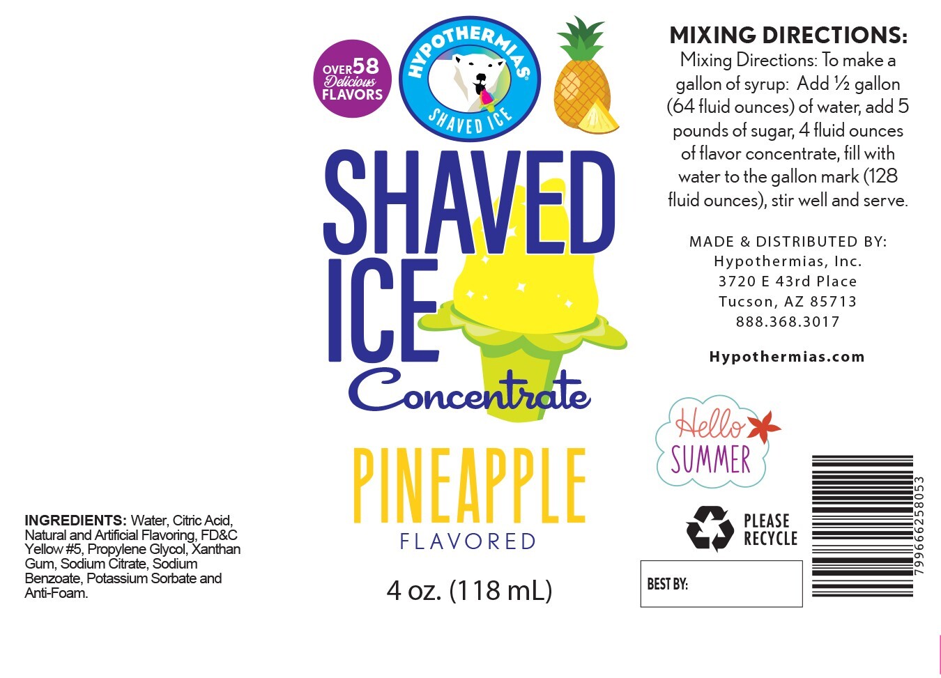 Hypothermias PINEAPPLE Flavor Syrup 🍧 Snow Cone machine Concentrate UNSWEETENED