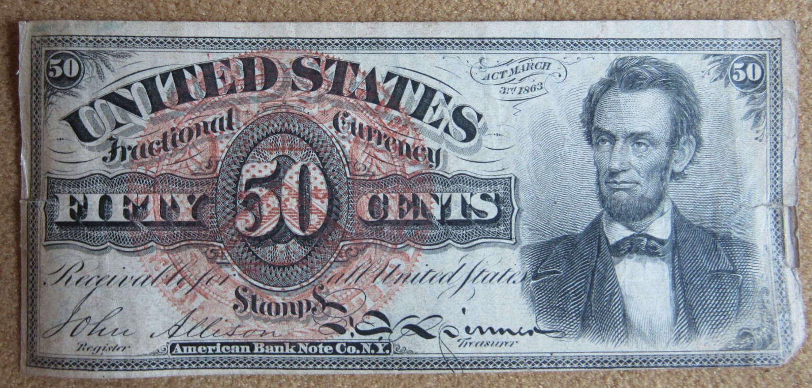 Civil War 1863 US Fractional Currency Note Abe Lincoln Fifty Cents 50