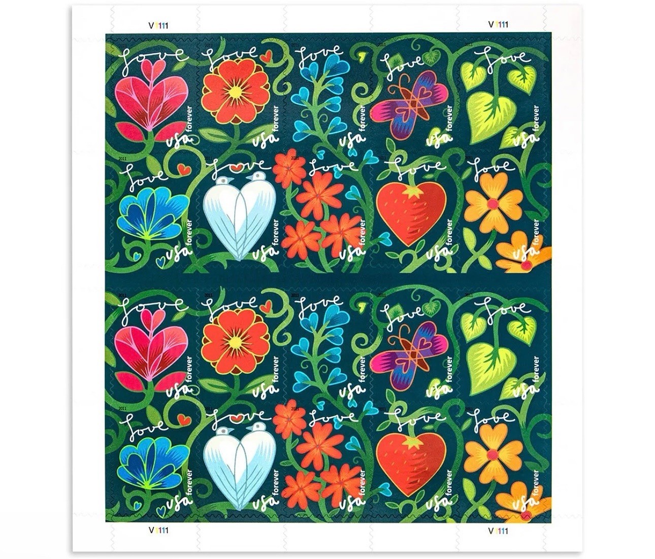 USPS Postage Stamps Sheet OF 20 First Class Letter Garden of Love