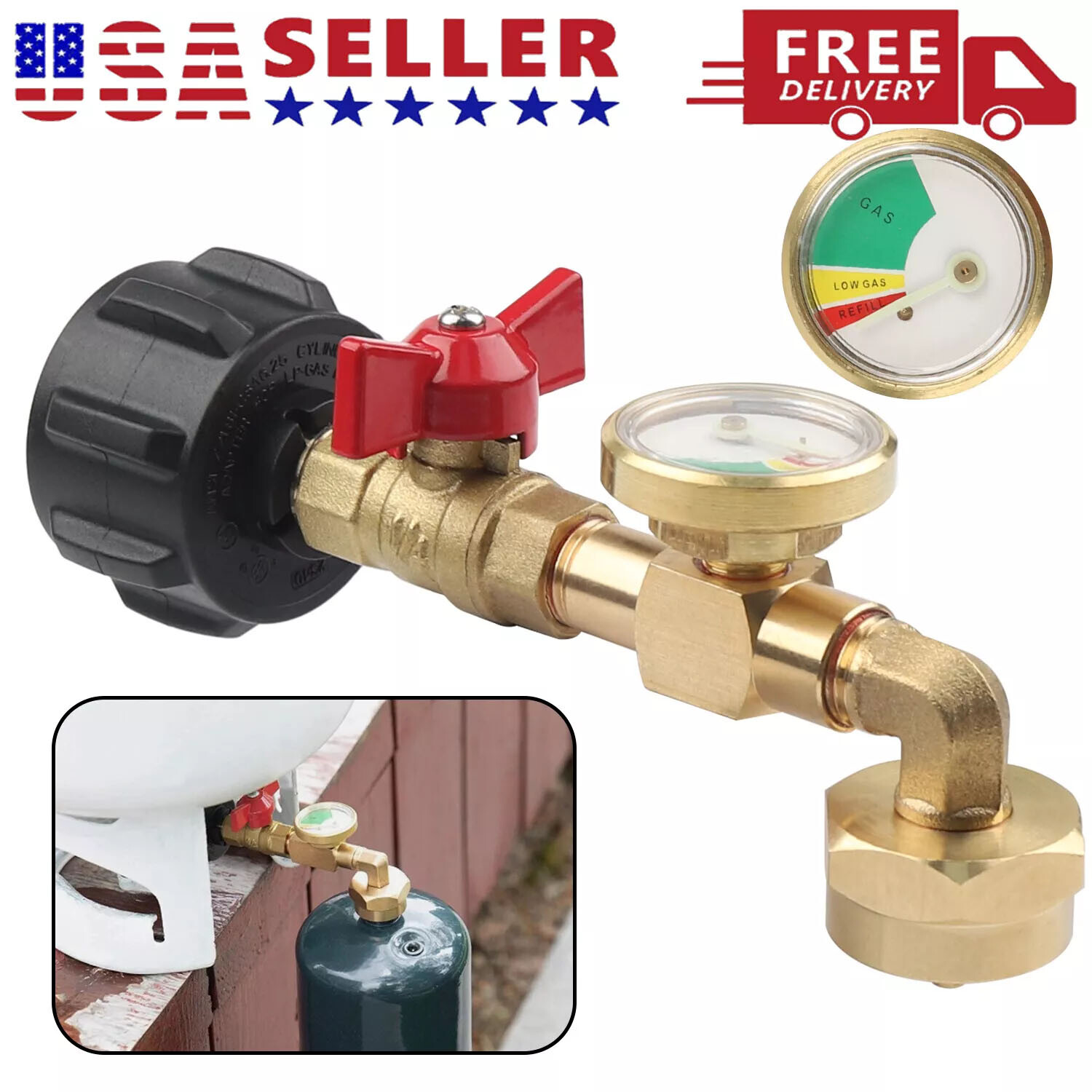 Propane Refill Adapter with Valve and Gauge Fill 1 Lb Bottle From 20 Lb Tank 90°