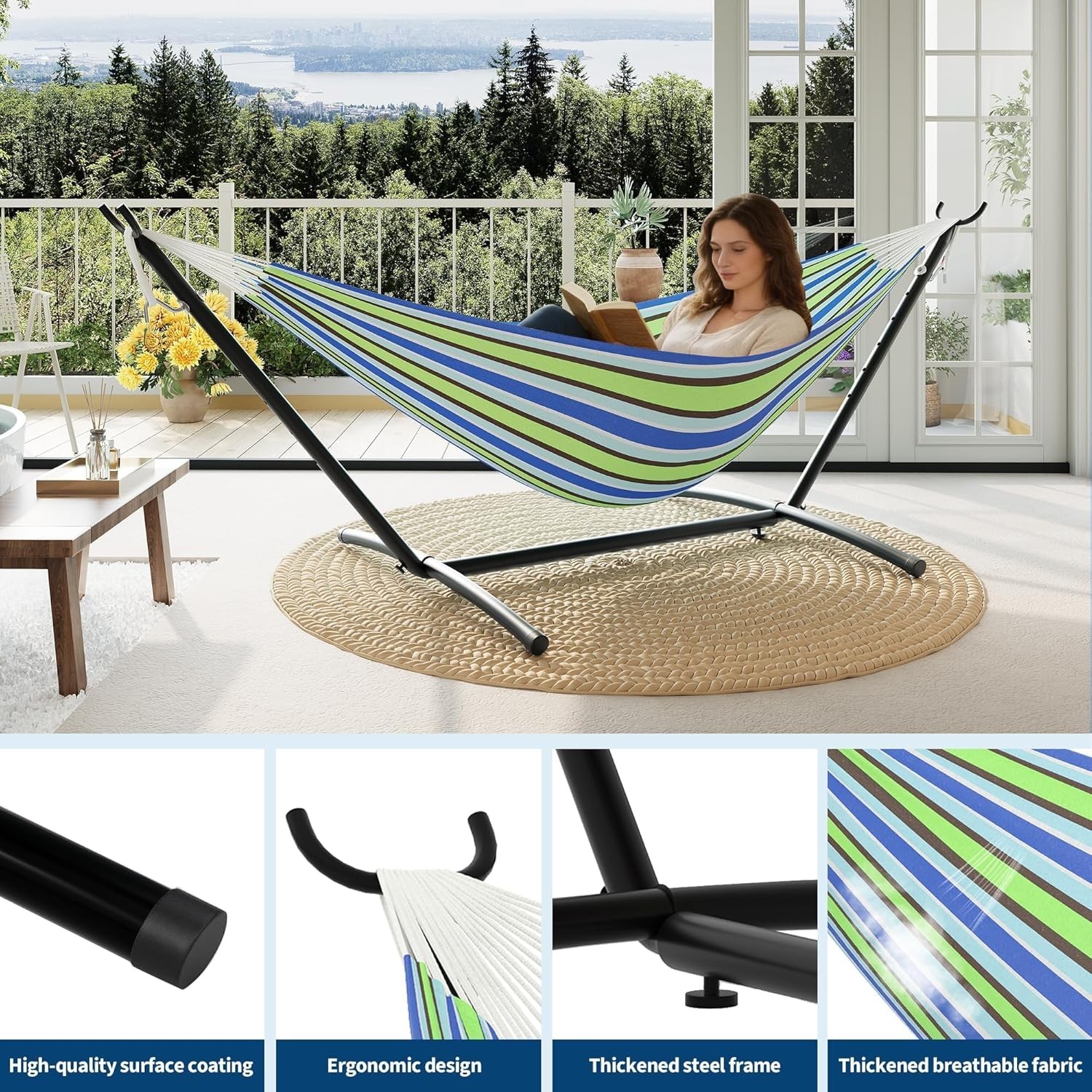 Double Hammock with Stand 2 Person Cotton Rope Design 450 Lbs Capacity for Patio