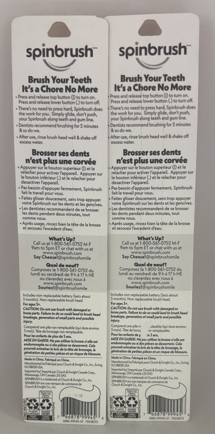 Lot Of 2 Spinbrush Toothbrush Last Up To 3 Months Each Nouveau