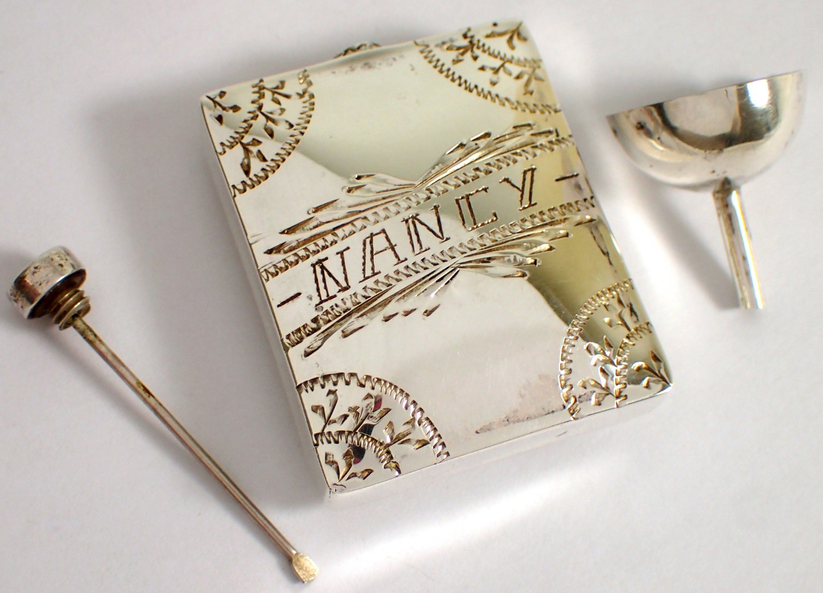 Vtg Mexican Sterling Monterrey Etched NANCY Perfume Scent Bottle Flask w Funnel