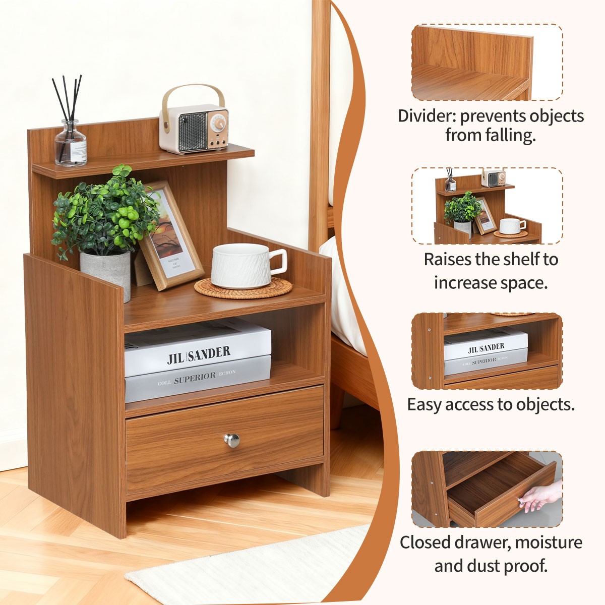 Wood Nightstand 1 Drawer & Open Shelf Bedside Table Retro Living Room Bedroom US