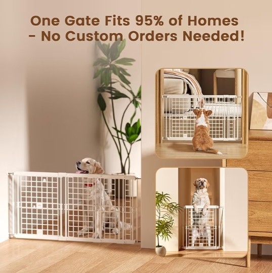 No Drill Adjustable Dog Gate, 13-22 Inch Height, 18-43 Inch Width, White Metal