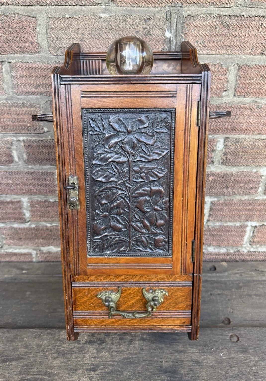 Antique Edwardian Oak Wall Hanging Smokers Cabinet & Original Glass Match Holder