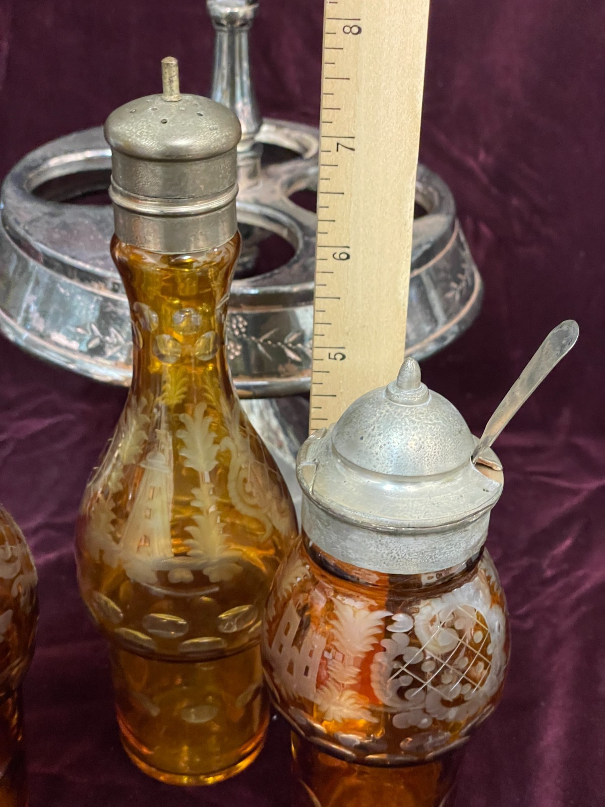 Antique 1800's Wilcox Silver Plate Cruet Condiment Set 3 Etched Amber Bottles