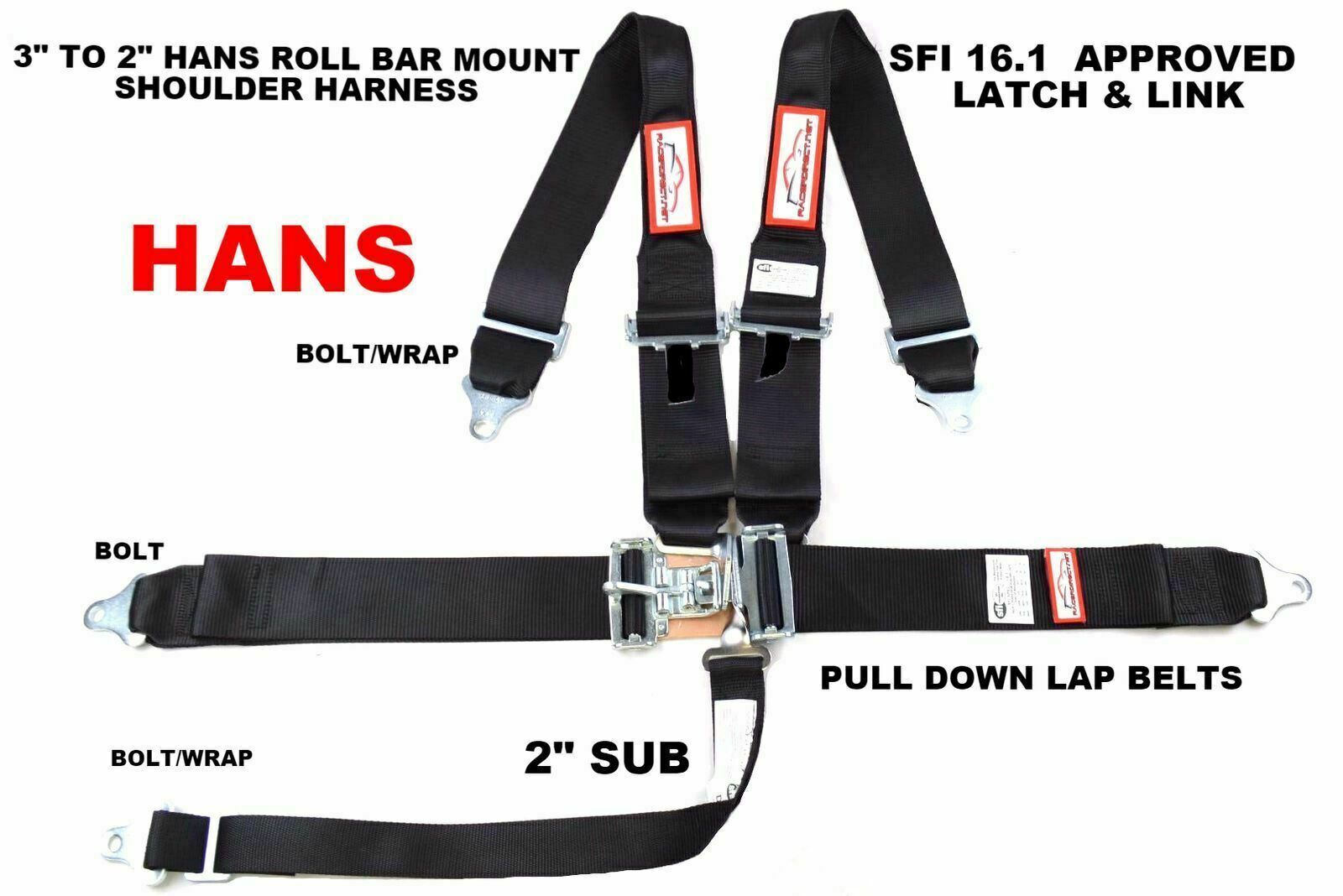 HANS RACING SAFETY HARNESS SFI 16.1 RACING 5 POINT ROLL BAR MOUNT 3" LATCH
