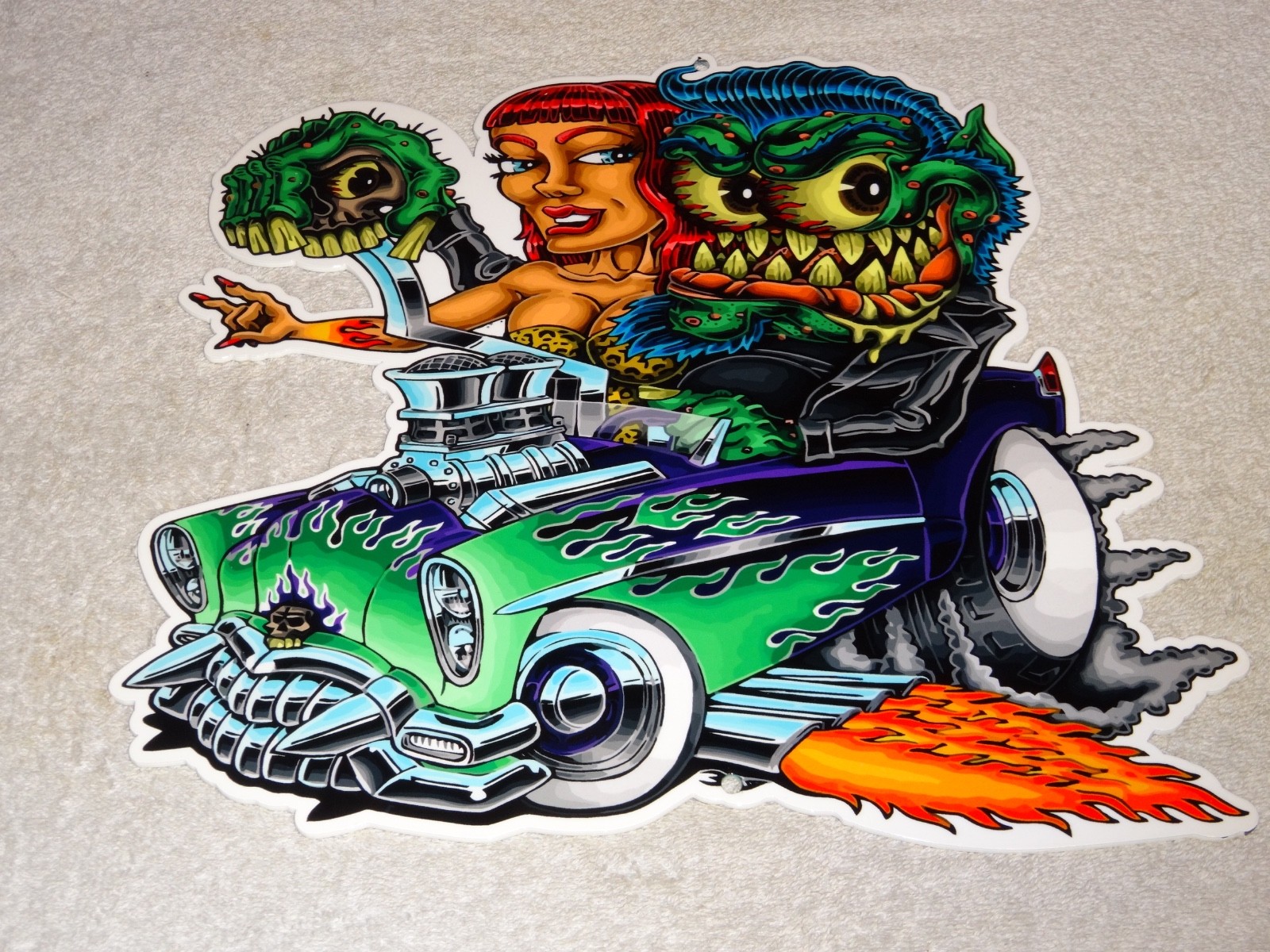 VINTAGE RATFINK DRIVES CAR W/ WOMAN MONSTER 12" METAL GASOLINE OIL RAT FINK SIGN