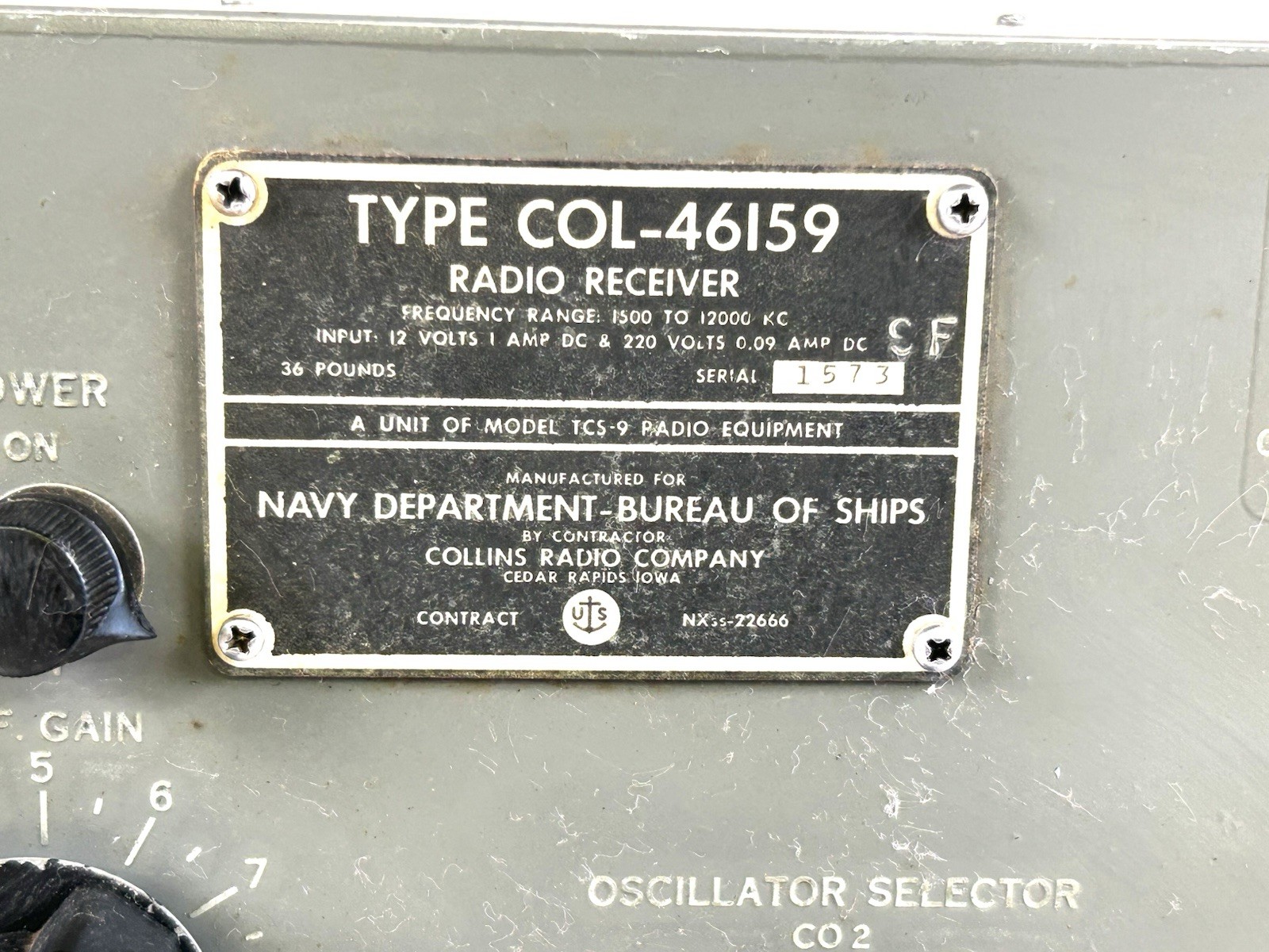 Collins Type COL-46159 Radio Receiver SN 1573