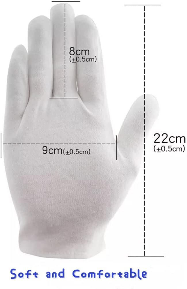 12 Pairs XL+ White Cotton Inspection Gloves – Soft Jewelry Coin Work Gloves