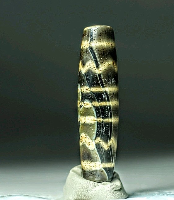 Pre-1800sbTibetan Opalized Petrified Palmwood 5 Line Water Wave Pum Dzi Bead