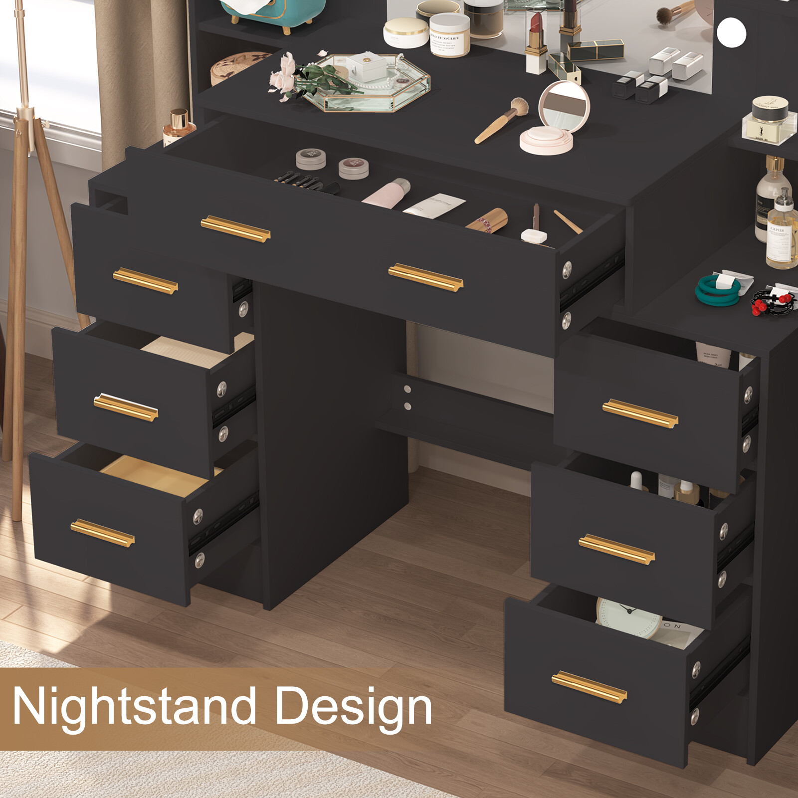 Vanity with Large Mirror and LED Lights Makeup Vanity Desk with 7 Drawers,Black