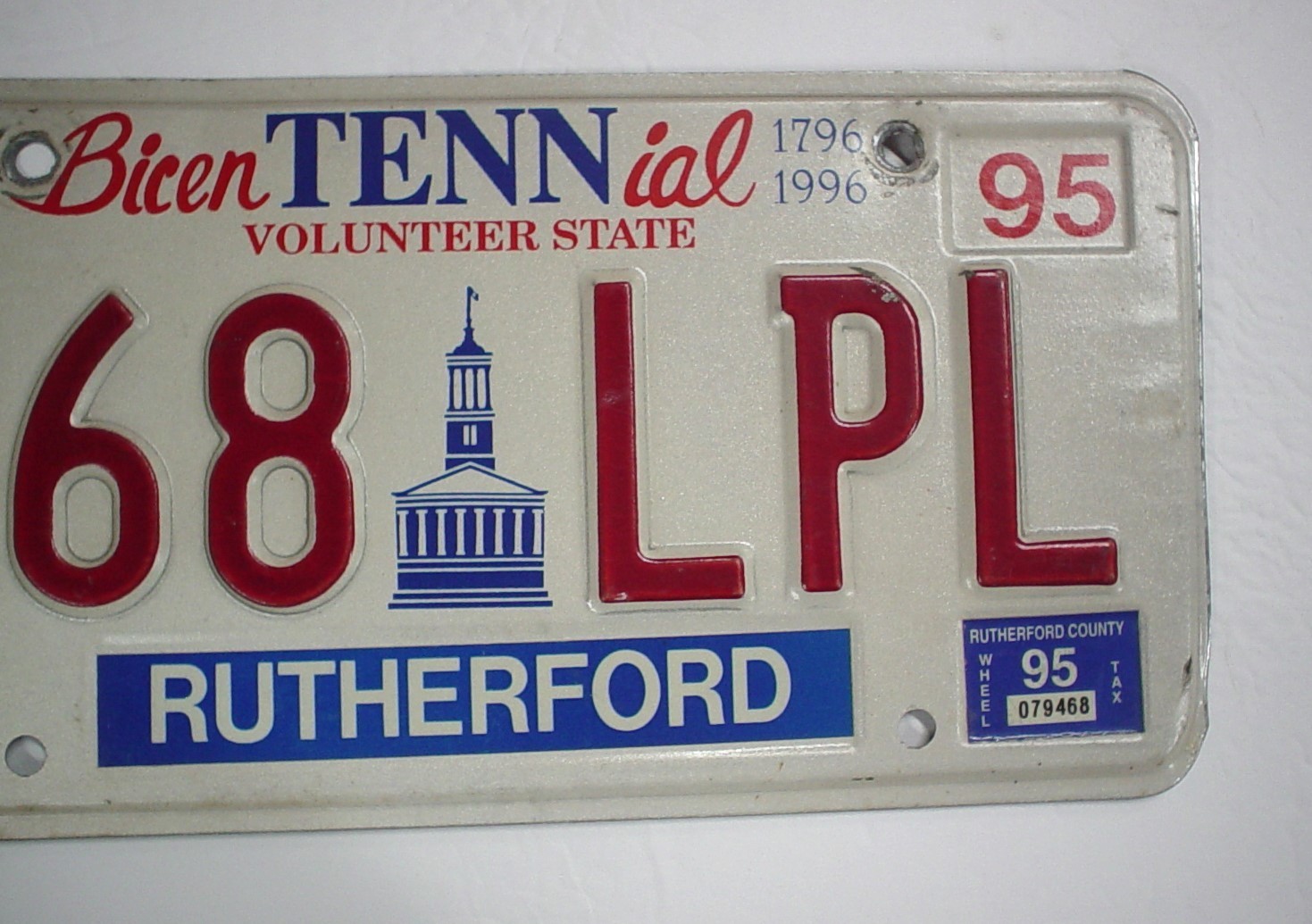 1995 Tennessee Bicentennial License Plate 668-LPL Rutherford County 1796-1996