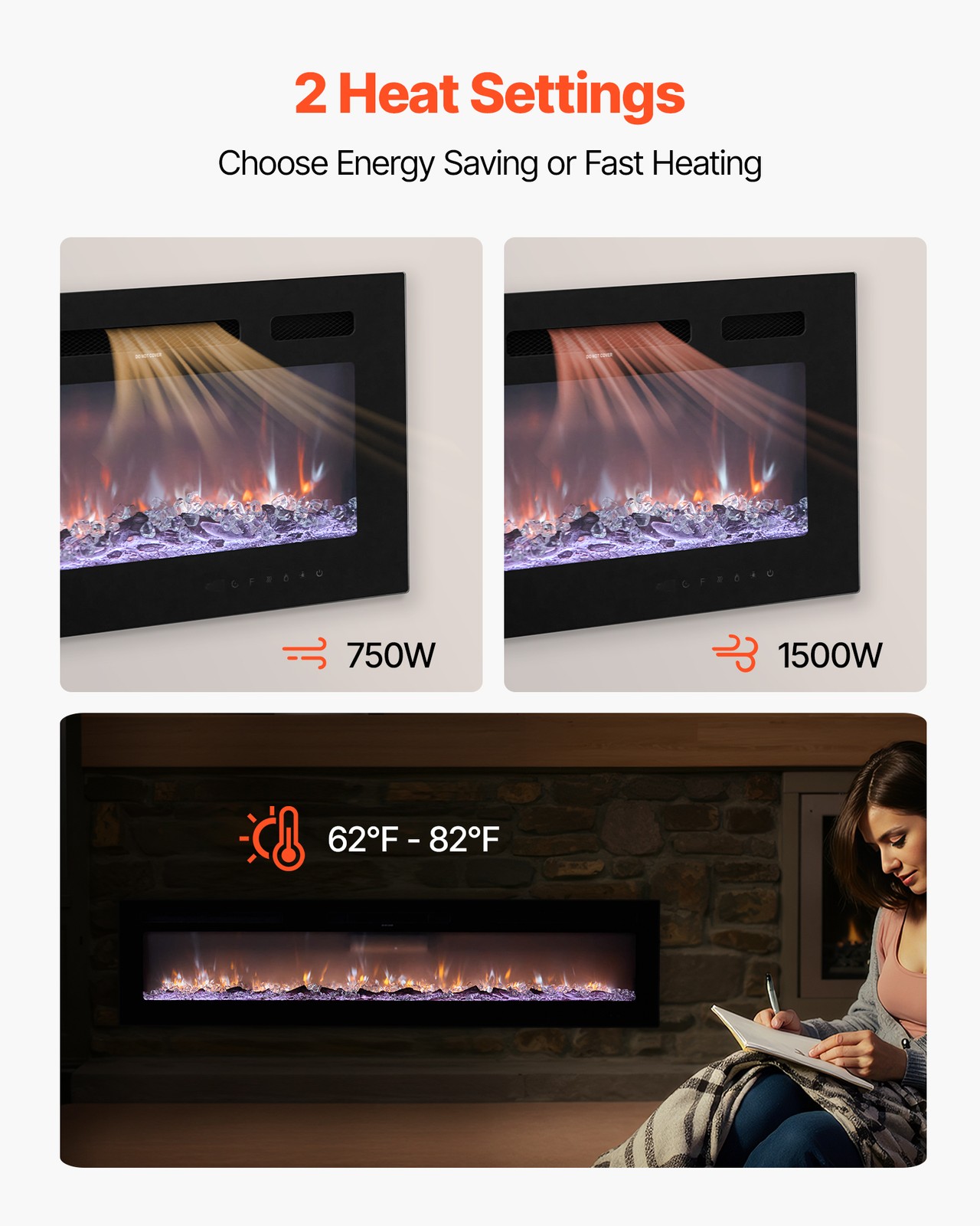 VEVOR 72 inch Electric Fireplace Wall Mounted Recessed with Remote Control 1500W